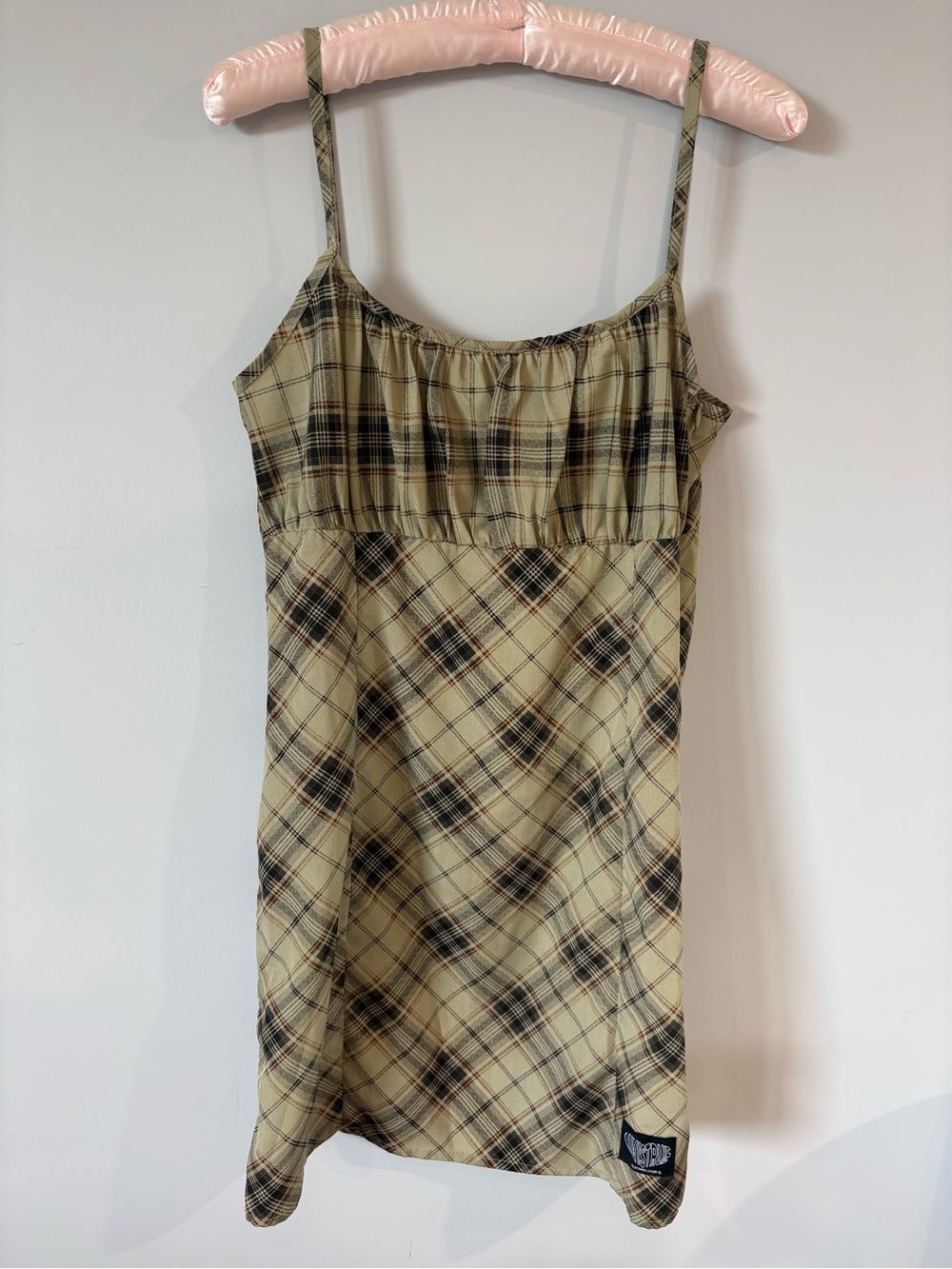Plaid Fall Slip Dress in Olive Green